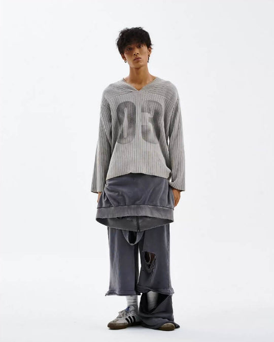LIBERAFIT V Neck Ribbed Knit Long Sleeve Sweater | Face 3 Face