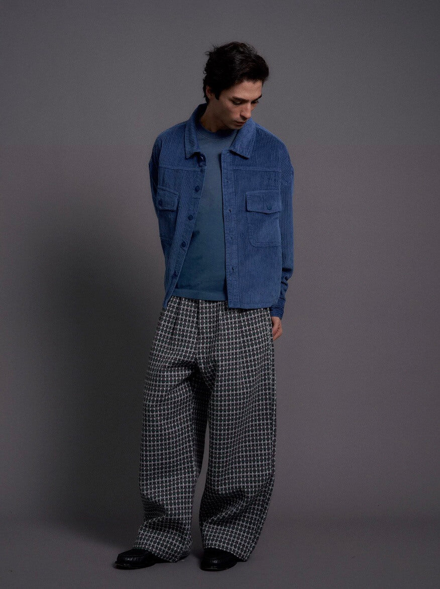 LIBERAFIT Wool Tweed Grid Pattern Pleated Baggy Trousers | Face 3 Face
