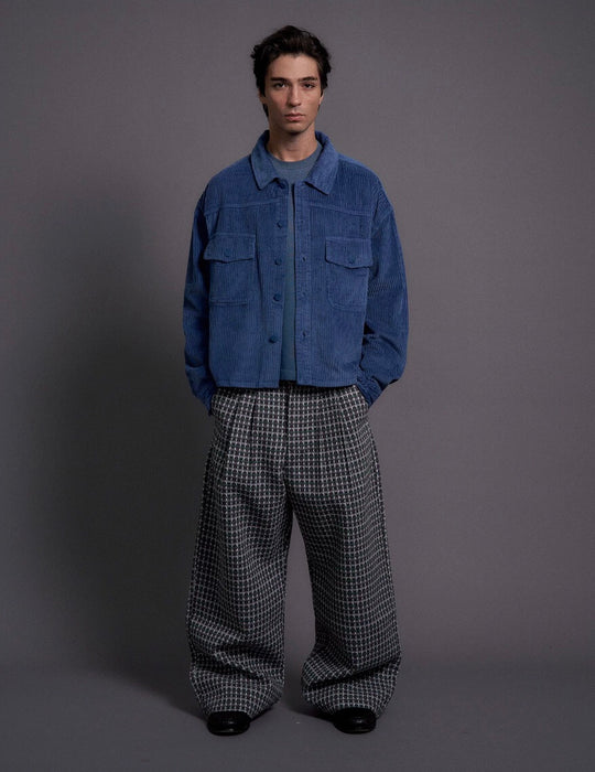 LIBERAFIT Wool Tweed Grid Pattern Pleated Baggy Trousers | Face 3 Face