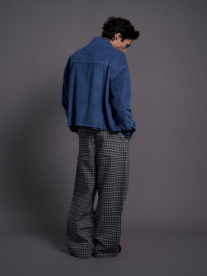 LIBERAFIT Wool Tweed Grid Pattern Pleated Baggy Trousers | Face 3 Face