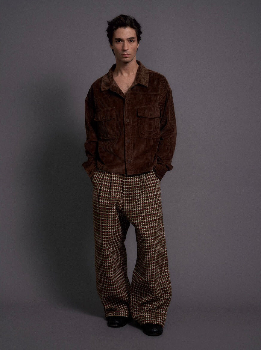 LIBERAFIT Wool Tweed Grid Pattern Pleated Baggy Trousers | Face 3 Face