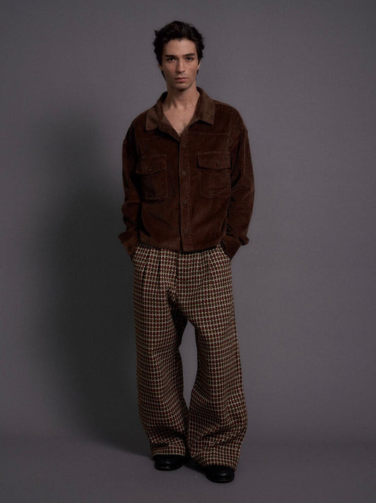 LIBERAFIT Wool Tweed Grid Pattern Pleated Baggy Trousers | Face 3 Face