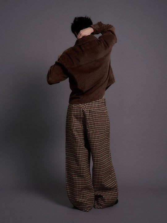 LIBERAFIT Wool Tweed Grid Pattern Pleated Baggy Trousers | Face 3 Face