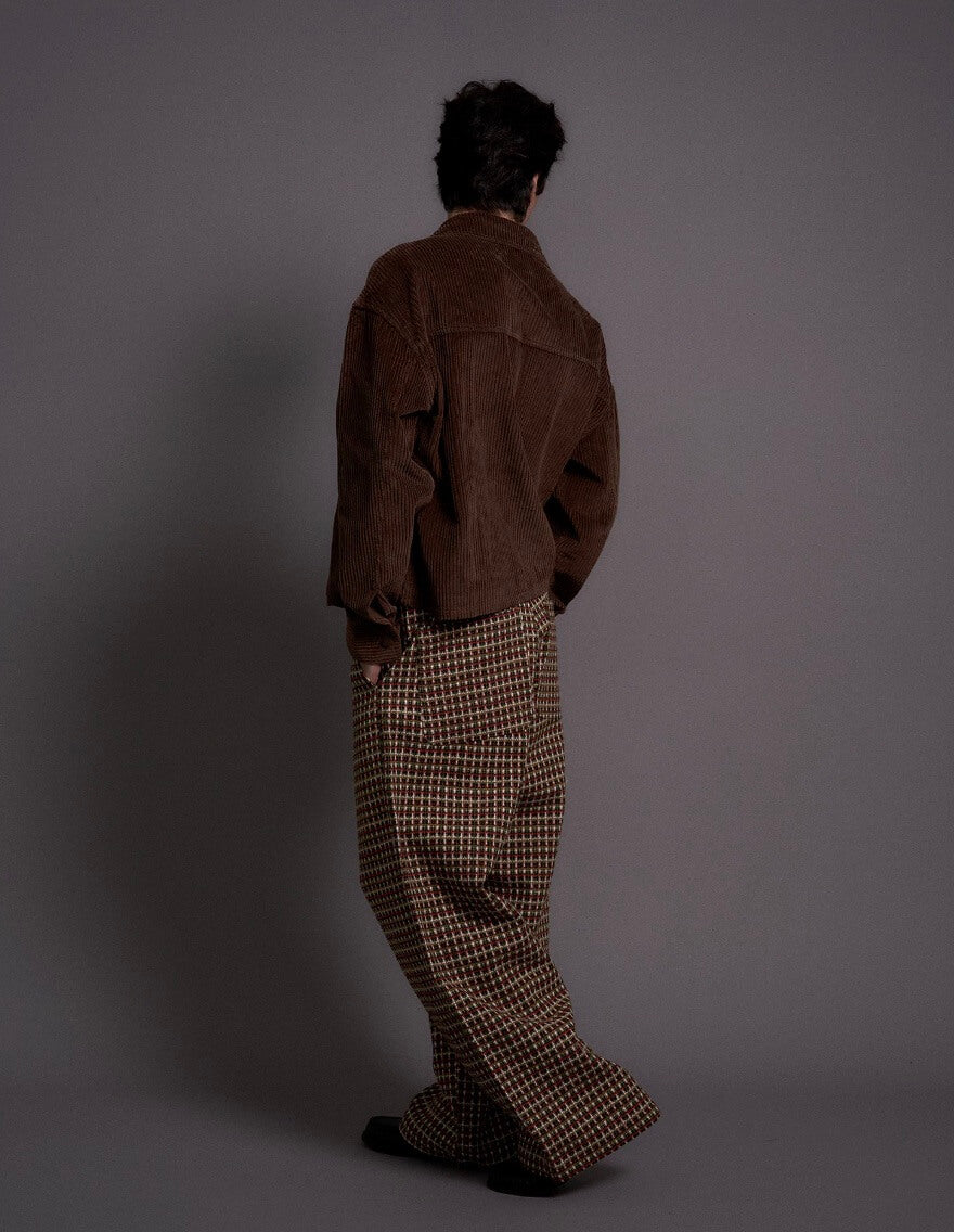 LIBERAFIT Wool Tweed Grid Pattern Pleated Baggy Trousers | Face 3 Face