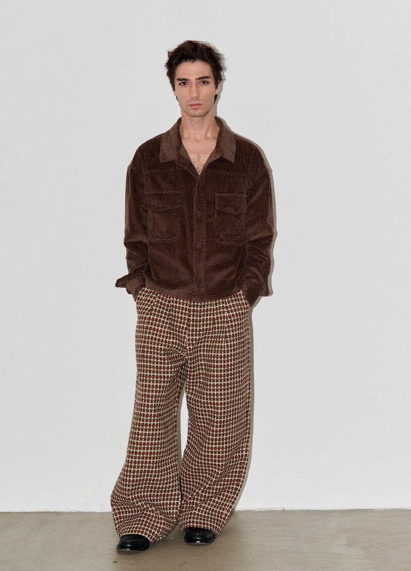 LIBERAFIT Wool Tweed Grid Pattern Pleated Baggy Trousers | Face 3 Face