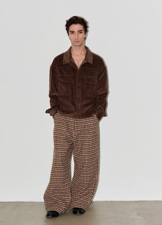 LIBERAFIT Wool Tweed Grid Pattern Pleated Baggy Trousers | Face 3 Face