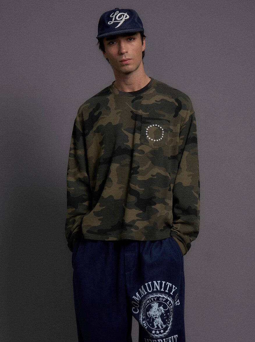 LIBERAFIT Vintage Camo Leopard Waffle Star Embroidered Long Sleeve Tee | Face 3 Face