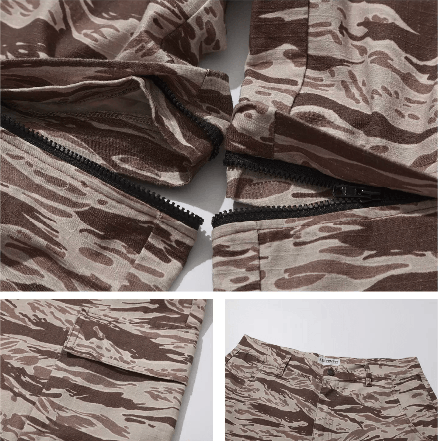LIBERAFIT Tiger Camo 3D Patch Pocket Zip Off Cargo Pants | Face 3 Face