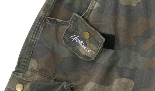 UNTILWERICH Washed Camo Multi Pocket Wide Cargo Below Knee Shorts | Face 3 Face