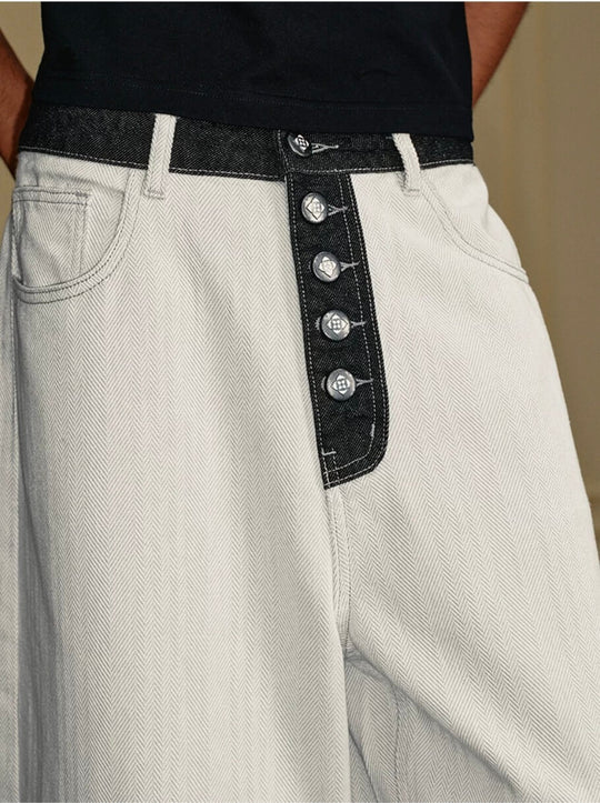 YADcrew Herringbone Waist Contrast Baggy Jeans | Face 3 Face