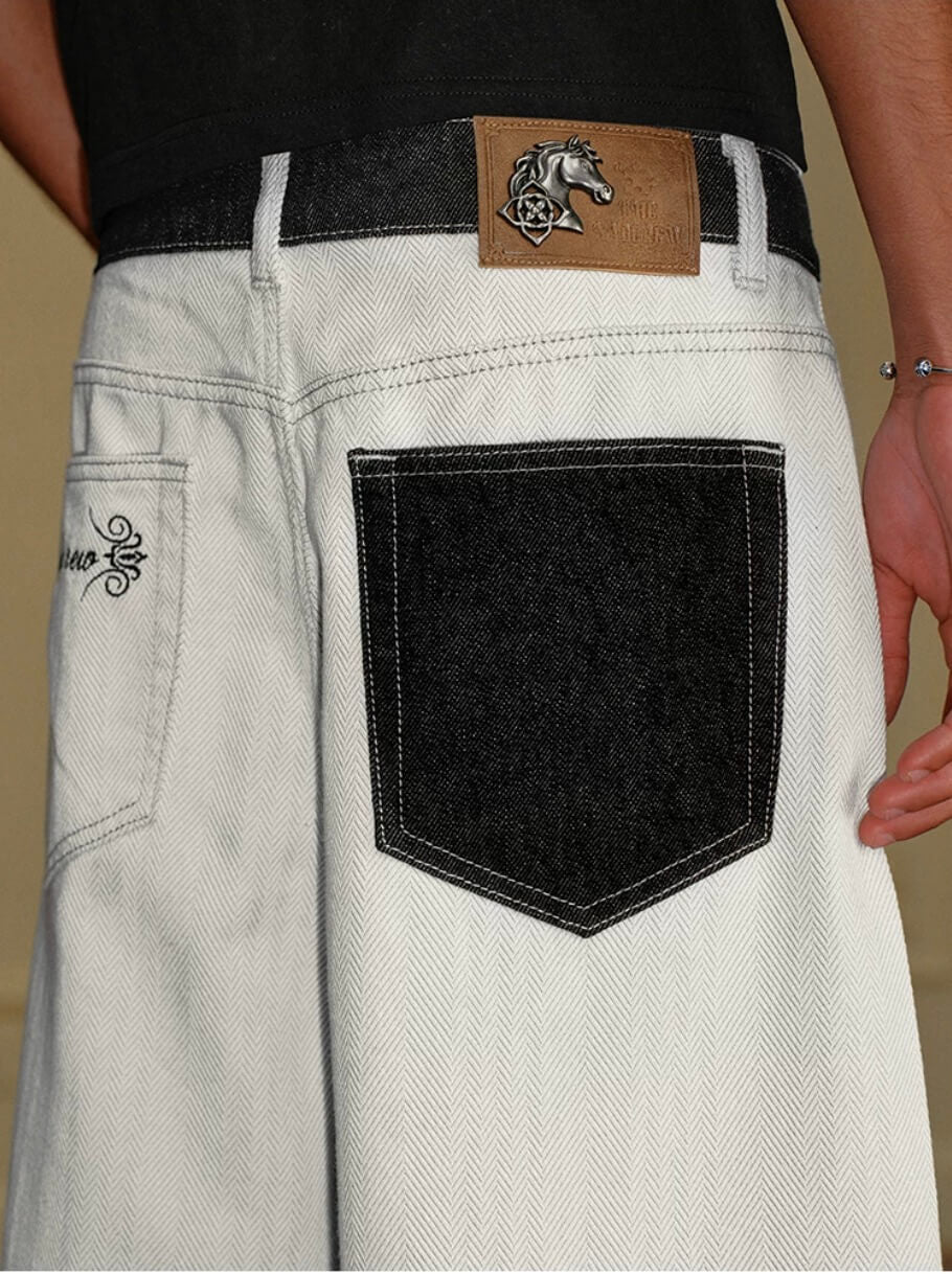 YADcrew Herringbone Waist Contrast Baggy Jeans | Face 3 Face