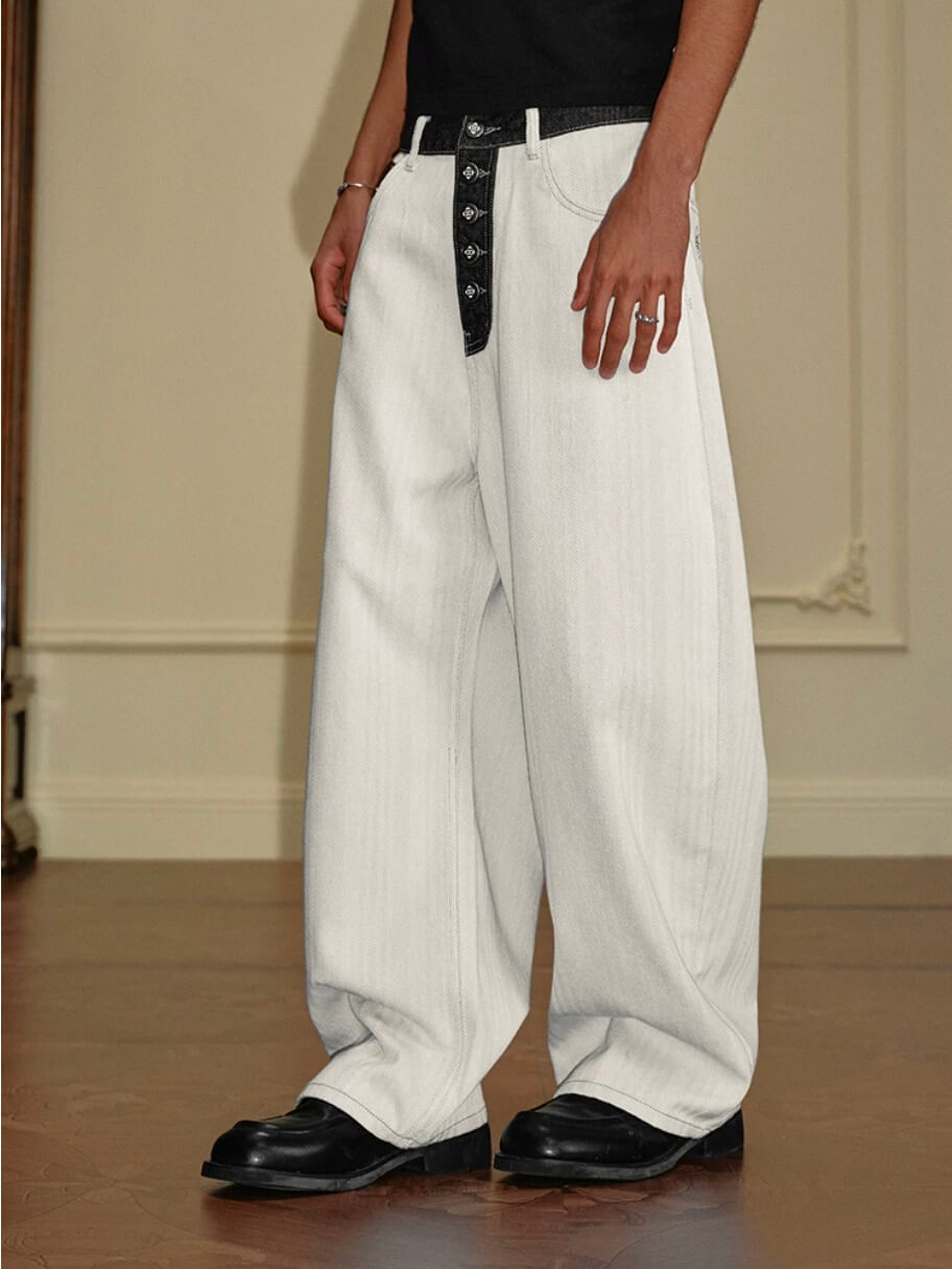 YADcrew Herringbone Waist Contrast Baggy Jeans | Face 3 Face