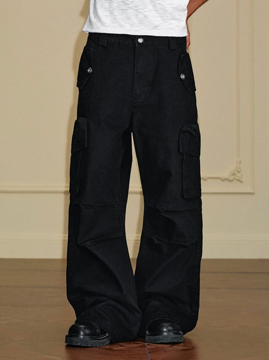 YADcrew Washed Double Pocket Wide Leg Cargo Pants | Face 3 Face