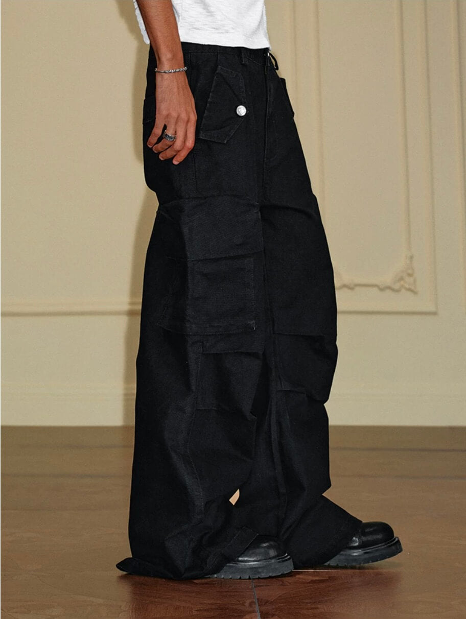 YADcrew Washed Double Pocket Wide Leg Cargo Pants | Face 3 Face
