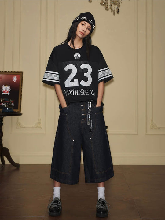 YADcrew Double Knee Denim Baggy Below Knee Shorts | Face 3 Face