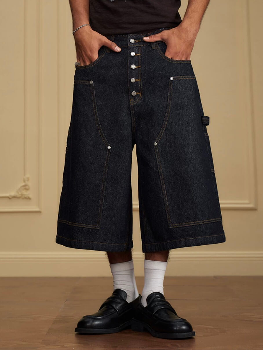YADcrew Double Knee Denim Baggy Below Knee Shorts | Face 3 Face