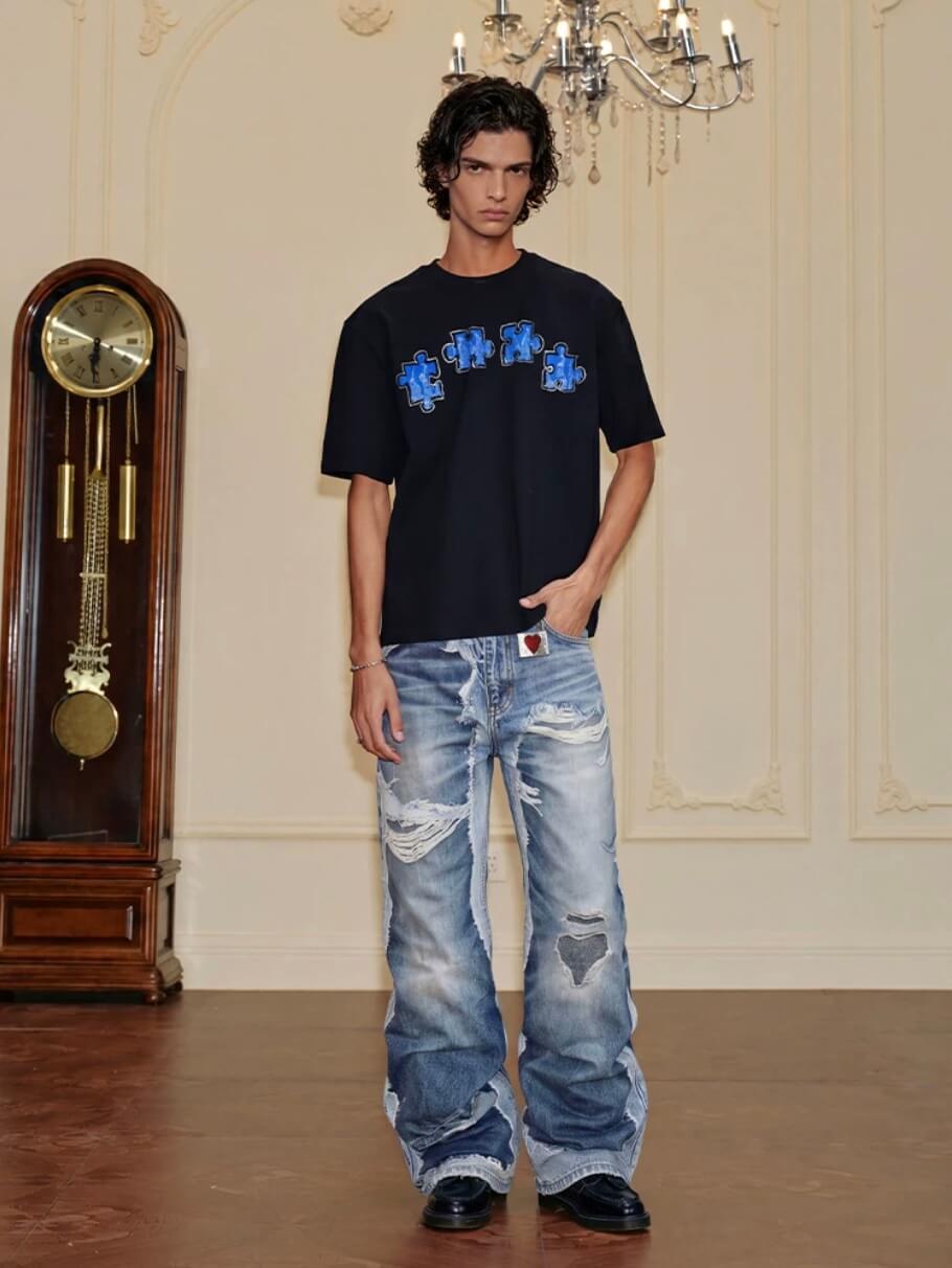 YADcrew Vintage Distressed Denim Print Loose Fit Wide Leg Jeans | Face 3 Face