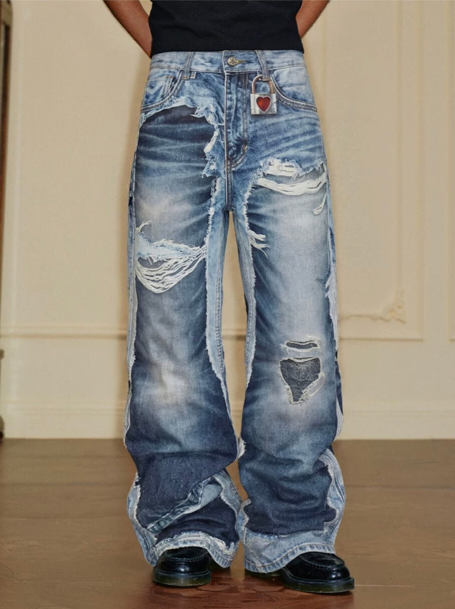 YADcrew Vintage Distressed Denim Print Loose Fit Wide Leg Jeans | Face 3 Face