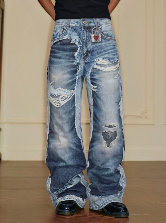 YADcrew Vintage Distressed Denim Print Loose Fit Wide Leg Jeans | Face 3 Face
