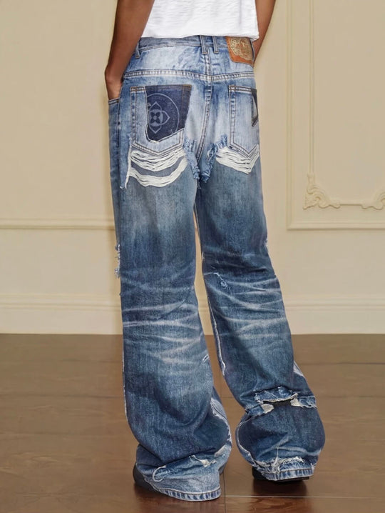 YADcrew Vintage Distressed Denim Print Loose Fit Wide Leg Jeans | Face 3 Face