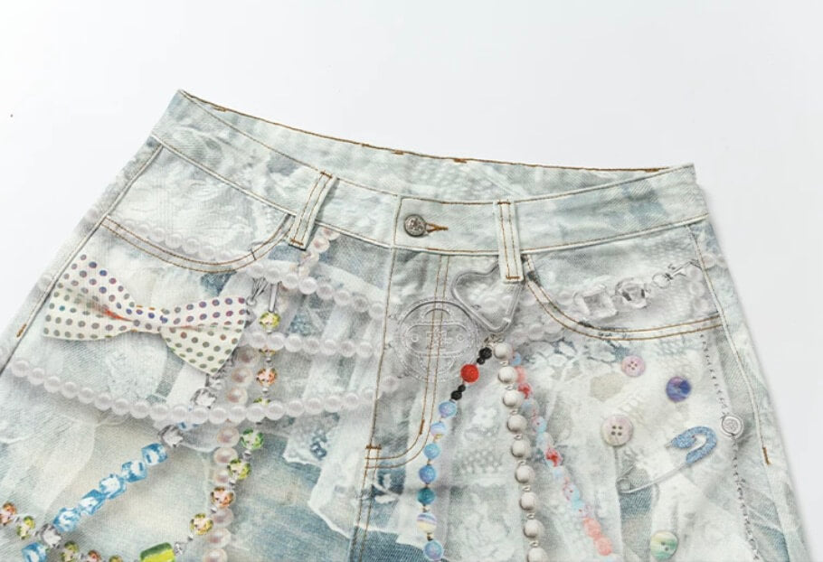 YADcrew Denim Pearl Bead Chain Digital Print Shorts | Face 3 Face