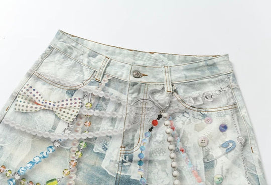 YADcrew Denim Pearl Bead Chain Digital Print Shorts | Face 3 Face