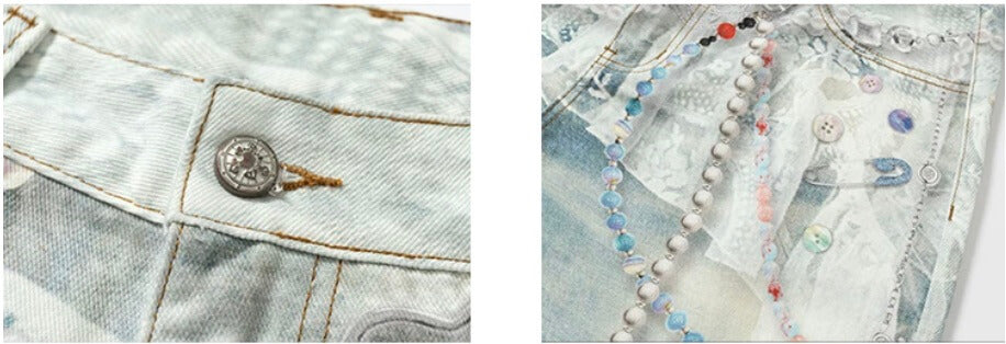 YADcrew Denim Pearl Bead Chain Digital Print Shorts | Face 3 Face