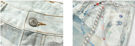 YADcrew Denim Pearl Bead Chain Digital Print Shorts | Face 3 Face