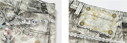 YADcrew Denim Pearl Bead Chain Digital Print Shorts | Face 3 Face