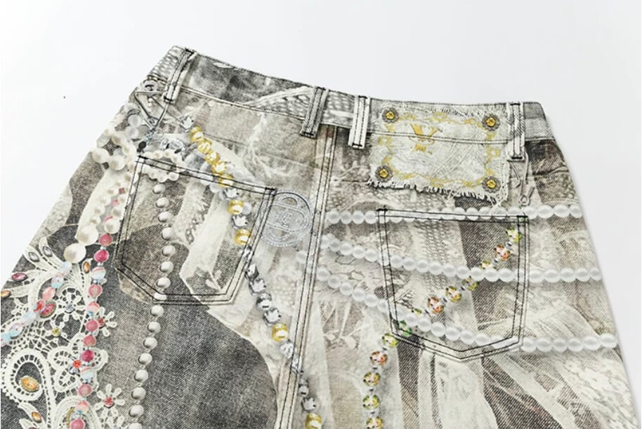 YADcrew Denim Pearl Bead Chain Digital Print Shorts | Face 3 Face