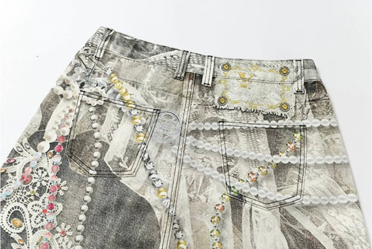 YADcrew Denim Pearl Bead Chain Digital Print Shorts | Face 3 Face