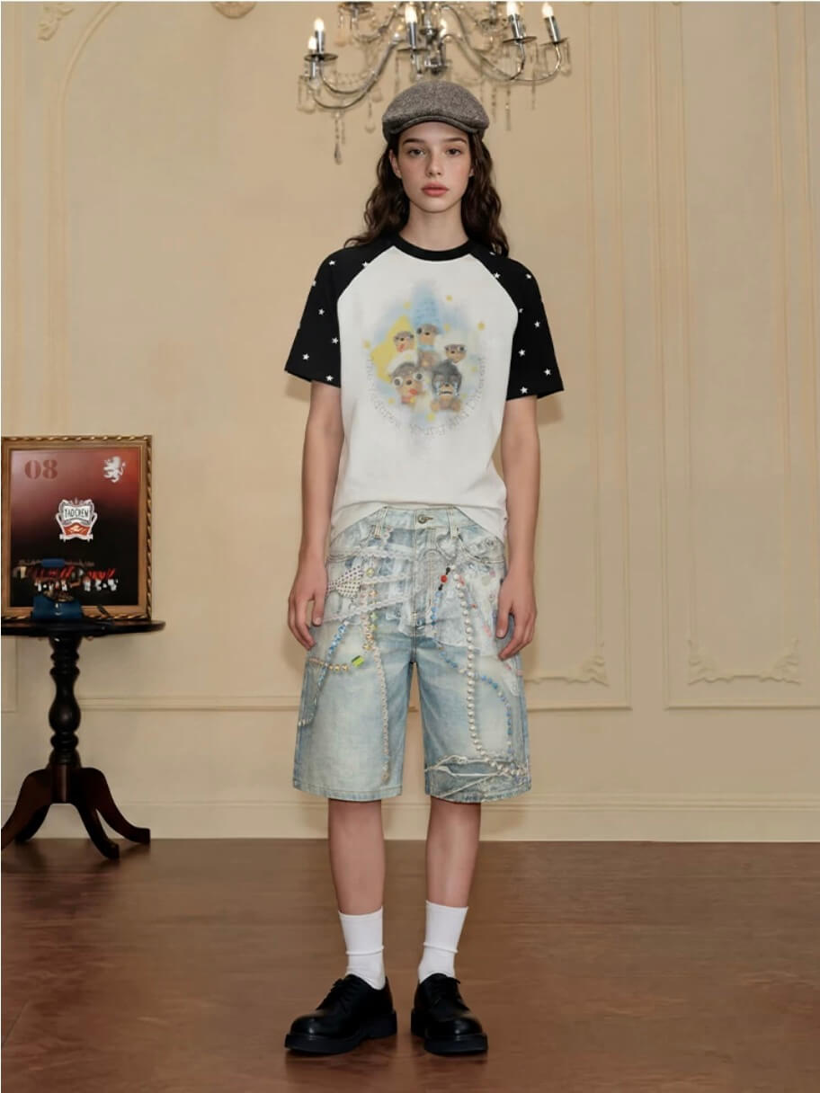 YADcrew Denim Pearl Bead Chain Digital Print Shorts | Face 3 Face
