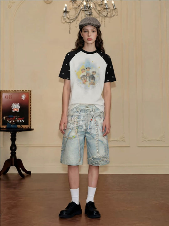 YADcrew Denim Pearl Bead Chain Digital Print Shorts | Face 3 Face