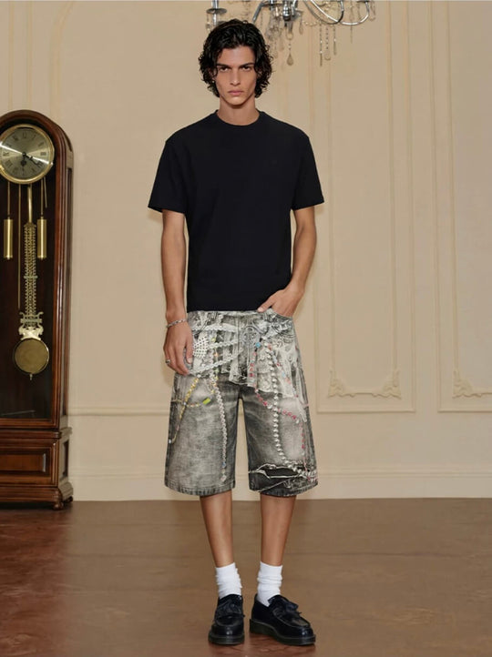 YADcrew Denim Pearl Bead Chain Digital Print Shorts | Face 3 Face