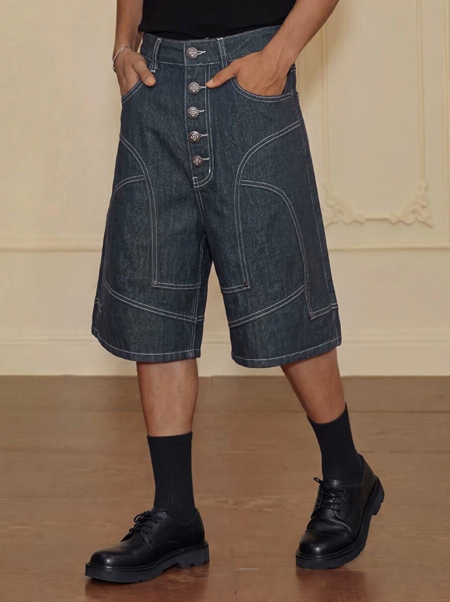 YADcrew Cross Motif Button Paneled Denim Shorts | Face 3 Face