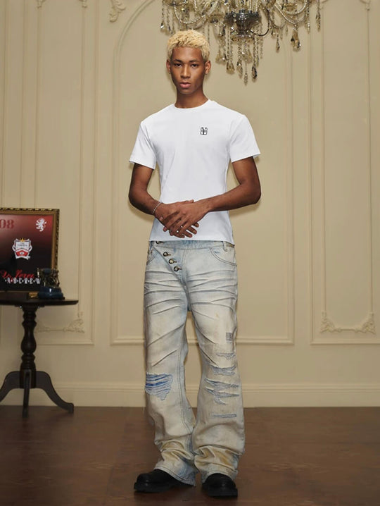 YADcrew Heavy Wash Distressed Cross Motif Button Jeans | Face 3 Face