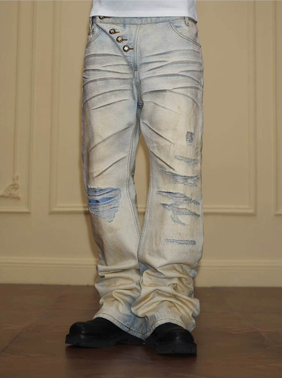 YADcrew Heavy Wash Distressed Cross Motif Button Jeans | Face 3 Face