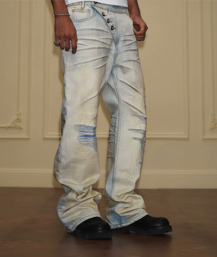 YADcrew Heavy Wash Distressed Cross Motif Button Jeans | Face 3 Face