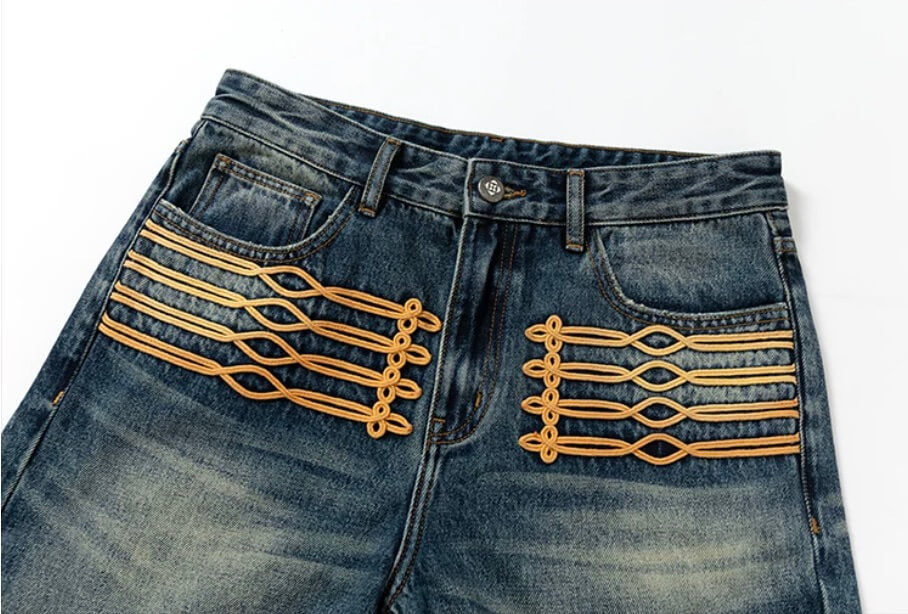 YADcrew Braid Embroidered Washed Loose Fit Jeans | Face 3 Face