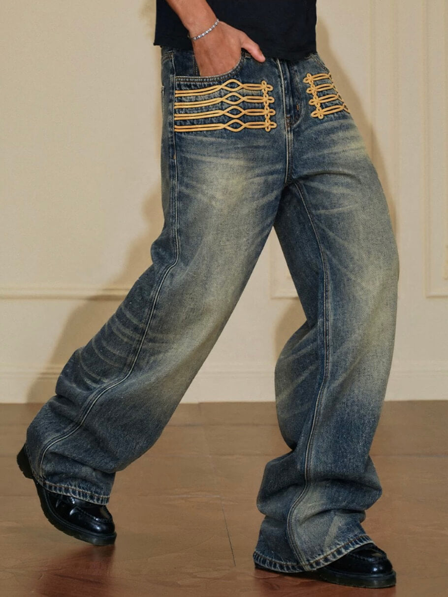 YADcrew Braid Embroidered Washed Loose Fit Jeans | Face 3 Face