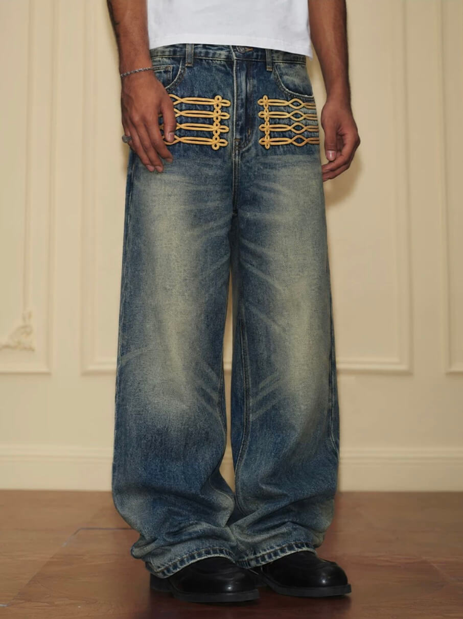 YADcrew Braid Embroidered Washed Loose Fit Jeans | Face 3 Face