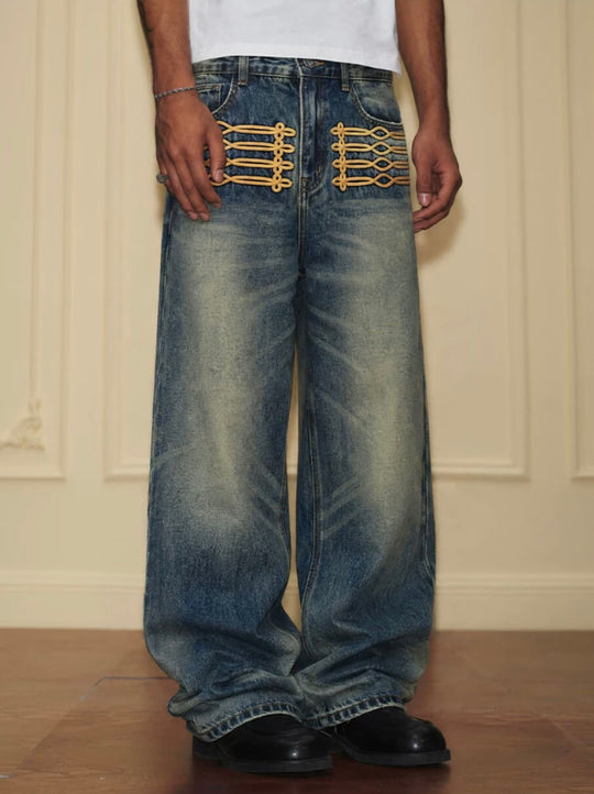 YADcrew Braid Embroidered Washed Loose Fit Jeans | Face 3 Face