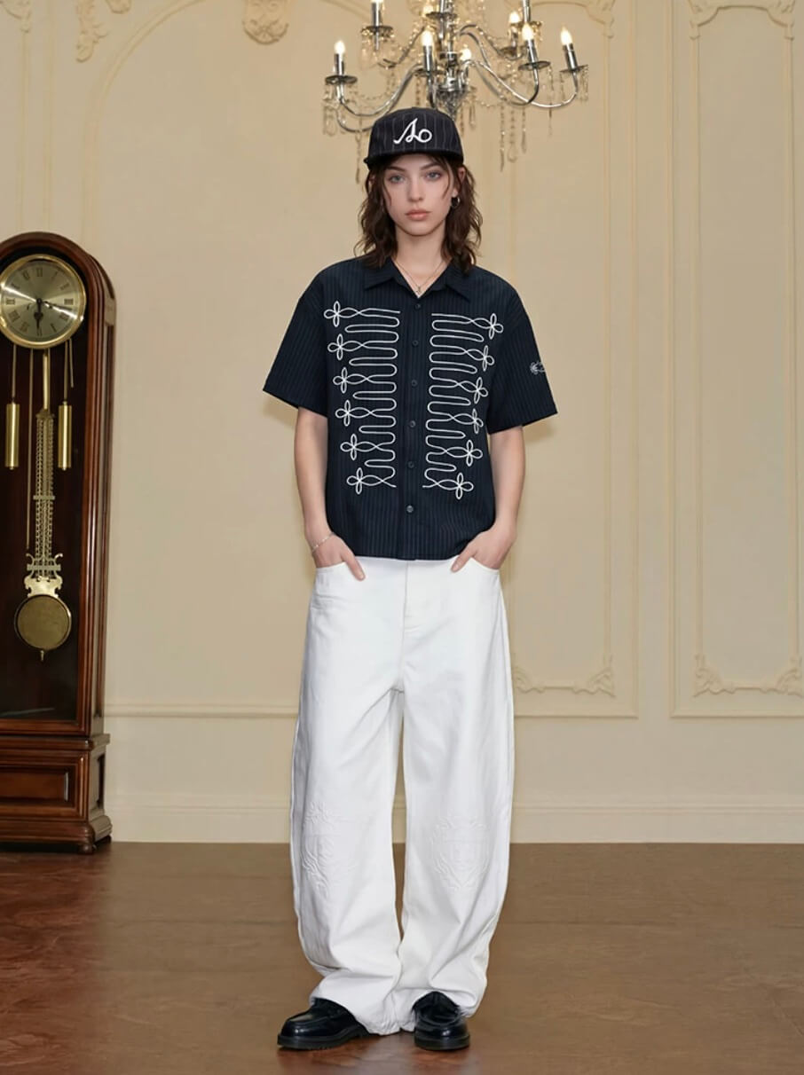 YADcrew Braid Embroidered Striped Seersucker Short Sleeve Shirt | Face 3 Face