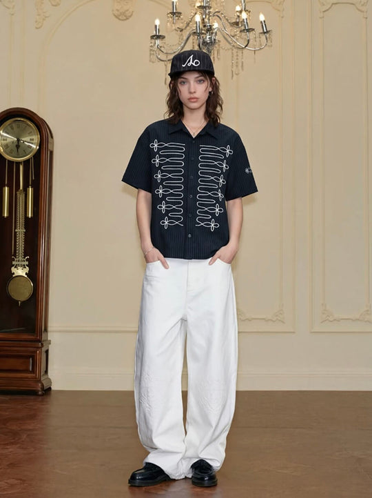 YADcrew Braid Embroidered Striped Seersucker Short Sleeve Shirt | Face 3 Face