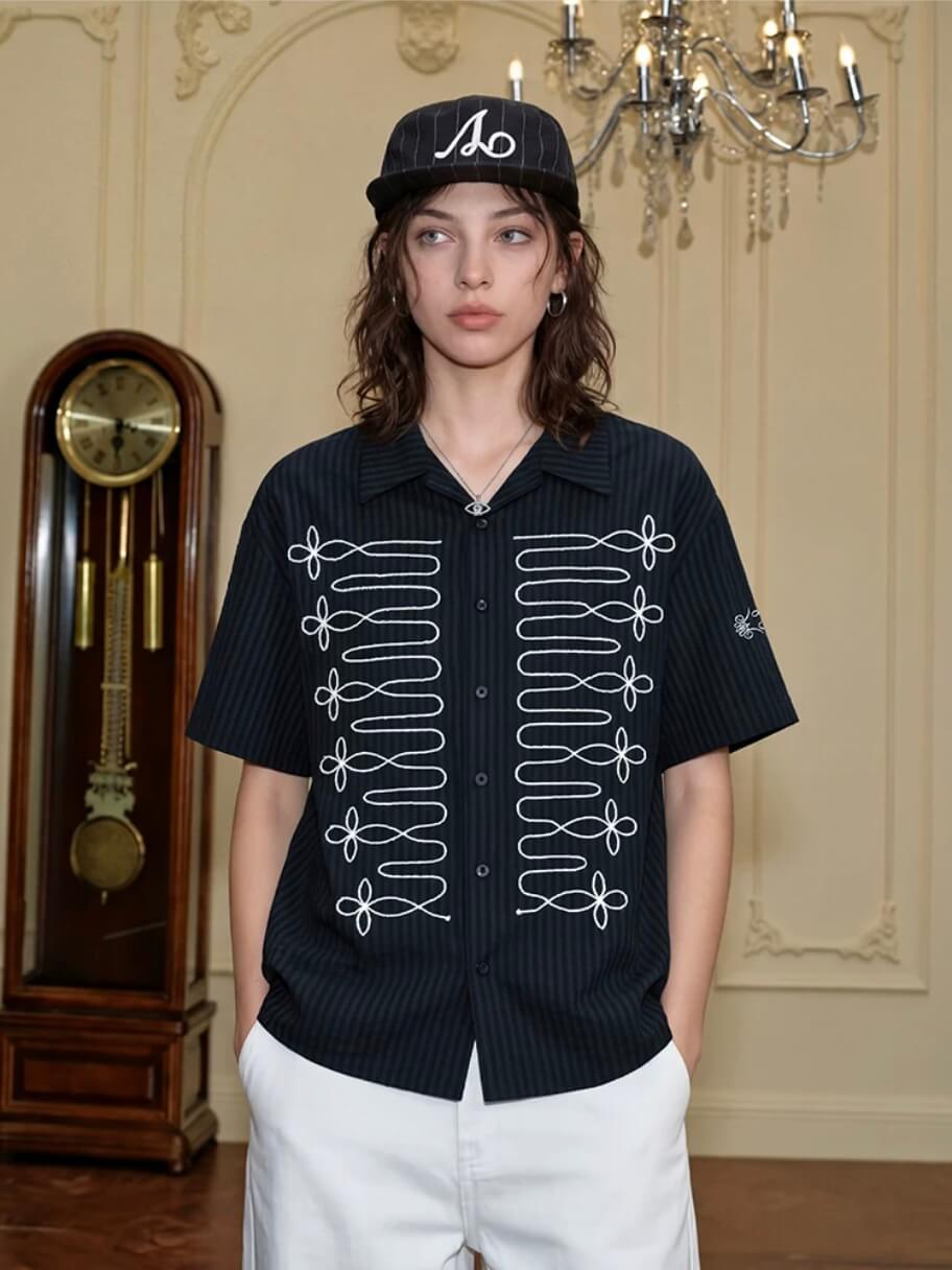 YADcrew Braid Embroidered Striped Seersucker Short Sleeve Shirt | Face 3 Face