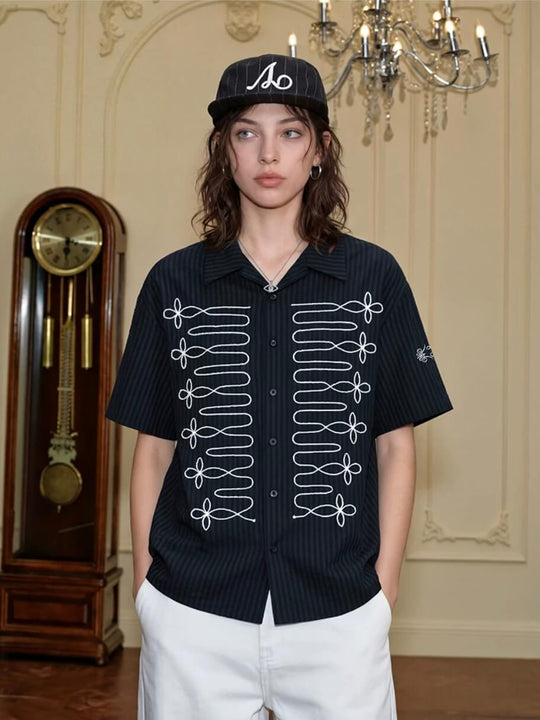 YADcrew Braid Embroidered Striped Seersucker Short Sleeve Shirt | Face 3 Face