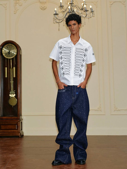 YADcrew Braid Embroidered Striped Seersucker Short Sleeve Shirt | Face 3 Face