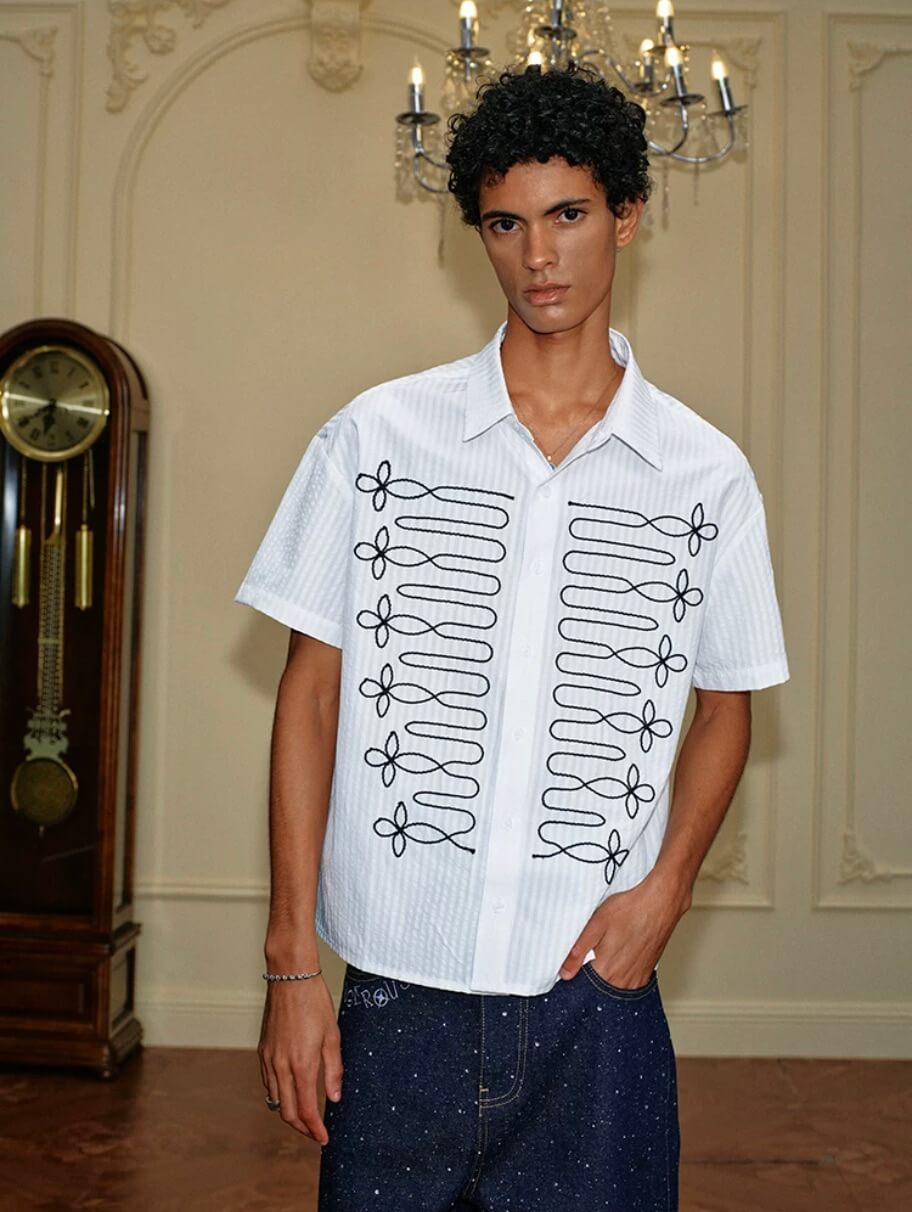 YADcrew Braid Embroidered Striped Seersucker Short Sleeve Shirt | Face 3 Face