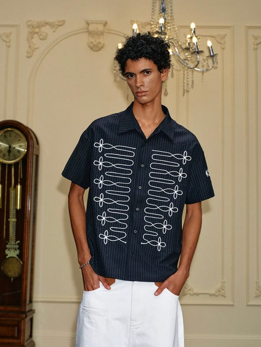 YADcrew Braid Embroidered Striped Seersucker Short Sleeve Shirt | Face 3 Face
