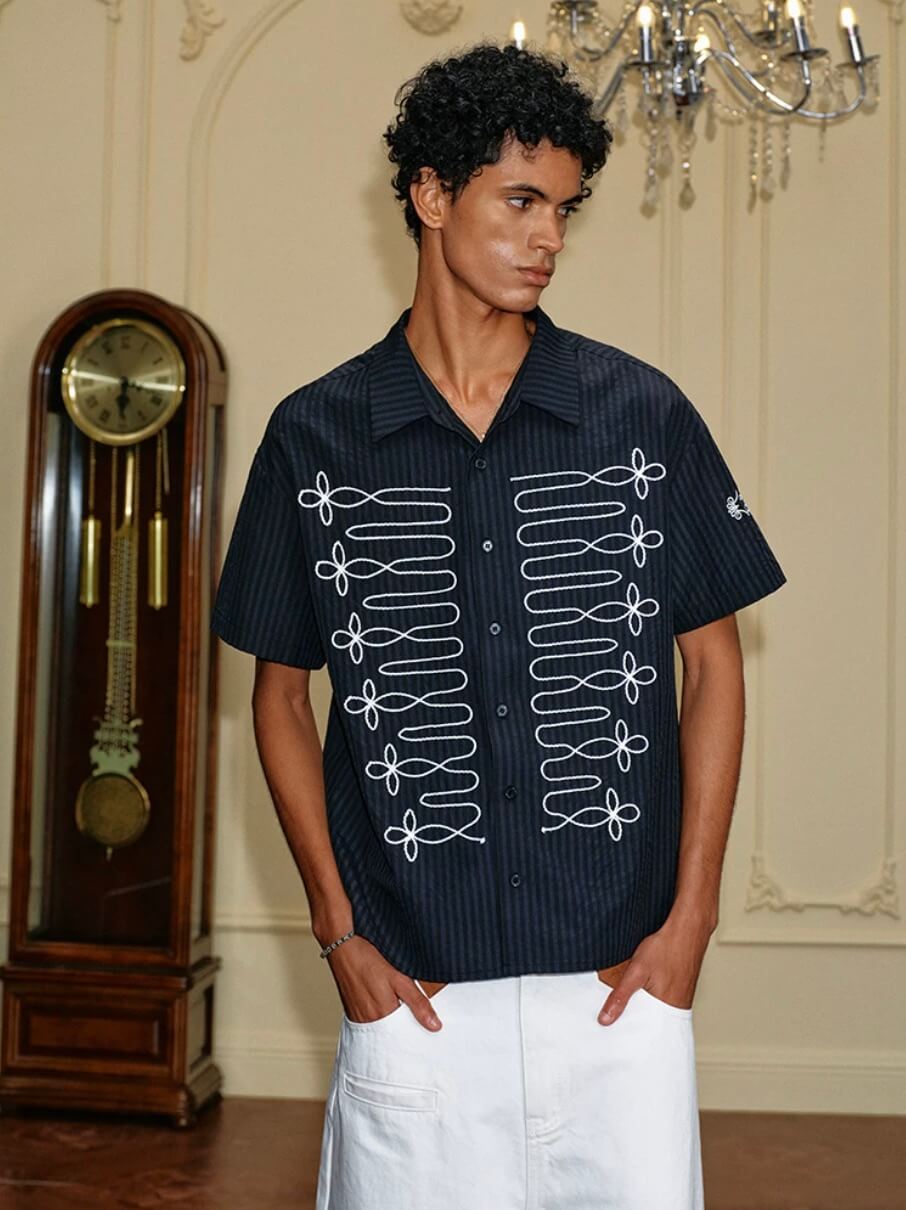 YADcrew Braid Embroidered Striped Seersucker Short Sleeve Shirt | Face 3 Face